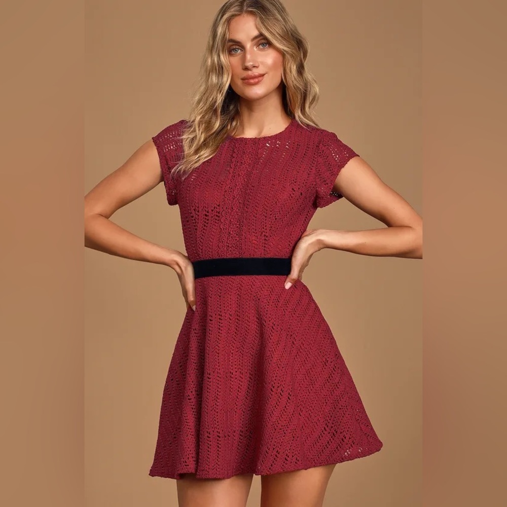 Twirling It Burgundy Crochet Lace Short Sleeve Skater Dress